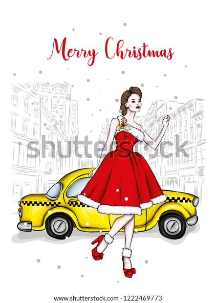 A girl in a beautiful vintage dress.\
Vector illustration. Clothing and accessories, vintage and retro.\
Taxi and the city. New Year\'s and\
Christmas.\
