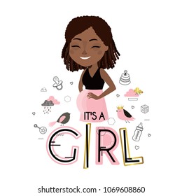 It's a girl. Beautiful young pregnant woman. Future mother of a newborn girl. Cute vector illustration. Baby shower. Black. African american woman