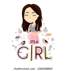 It's a girl. Beautiful young pregnant woman. Future mother of a newborn girl. Cute vector illustration. Baby shower. 