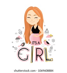 It's a girl. Beautiful young pregnant woman. Future mother of a newborn girl. Cute vector illustration. Baby shower. 