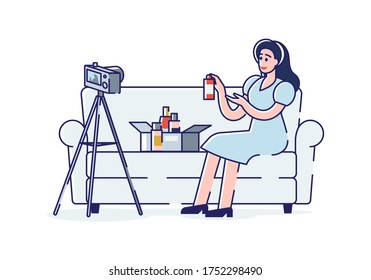 Girl beauty blogger filming new video for channel presenting new cosmetics review. Modern vlog content and social media influencer concept. Cartoon vector illustration