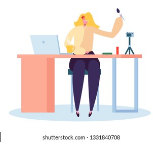 Girl Beauty Blogger Recording Makeup Video on Camera for Own Channel. Blond Female Character Sitting at Table with Brush Notebook Cup of Coffee. Blog Concept Flat Cartoon Vector Illustration