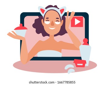 Girl beauty blogger showing latest trend skincare tutorials isolated icon vector. Young woman creating content and recording for Internet. Online channel concept, female video streamer and cosmetics