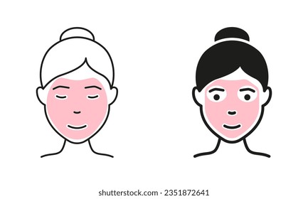 Girl in Beauty Cosmetic Face Mask Line and Silhouette Icon Set. Woman with Facial Sparkle Mask Pictogram. Skin Care Routine, Hygiene and Moisturizing Symbol Collection. Isolated Vector Illustration.