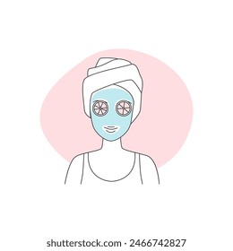 Girl with beauty mask on face and fruit rings on eyes for relaxation, treatment line icon vector illustration