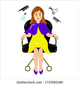 GIRL IN A BEAUTY SALON BARBER SHOP . VECTOR ILLUSTRATION . A WOMAN IS SITTING IN A CHAIR IN A PROTECTIVE CAPE. SCISSORS COMB.