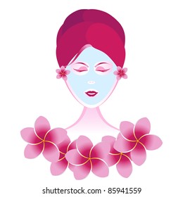 Girl beauty treatment using a facial mask with aromatherapy flowers.