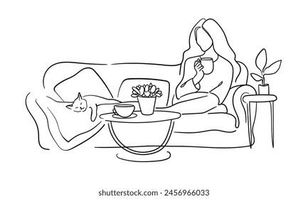 Chica en la cama con gato dibujo de arte de línea continua aislado sobre fondo blanco. Relajarse dibujo de arte de línea. Ilustración vectorial