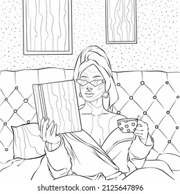 Girl in bed with a cup of tea and a book in her hands.Coloring book antistress for children and adults.Illustration isolated on white background.Zen-tangle style.Han draw style