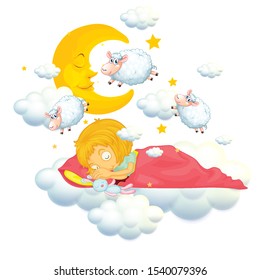 Girl in bed dreaming and counting sheeps illustration