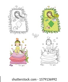 girl in bed is going to sleep. Good night. Sweet Dreams. Bed Linens. Illustration for coloring books. Monochrome and colored versions. Worksheet for children and adults