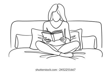 Girl in bed and read book continuous line art drawing isolated on white background. Relax line art drawing. Vector illustration