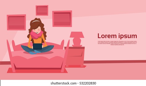 Girl In Bed Room Chat Digital Device Laptop Social Network Communication Flat Vector Illustration