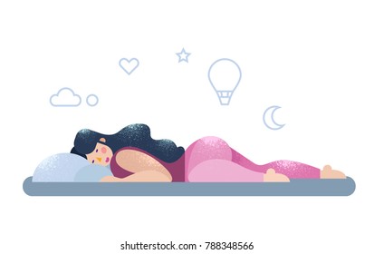 girl in bed sleeps and dreams vector illustration