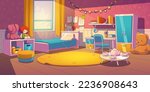 Girl bedroom with bed, toys, table and wardrobe. Empty kids room interior with pictures on wall, books on shelf, carpet and little table with tea-set, vector illustration in contemporary style