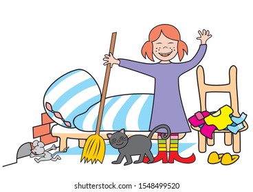 Girl at bedroom with cat and mouse, funny vector colored illustration on white background.