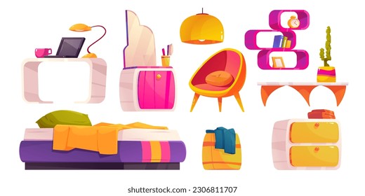 Girl bedroom interior with bed, pink shelf with books, laptop on desk, armchair and dressing table with mirror. Furniture in groovy style isolated on white background, vector cartoon illustration