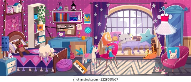 El interior de una habitación de chicas, la habitación linda al estilo princesa y los colores rosas. Cama, ventana con cortinas, armario, estante, colgante y juguetes, cómodo espacio habitable para chicas, ilustración vectorial de dibujos animados