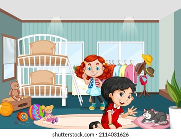 Girl bedroom interior with happy children cartoon character illustration