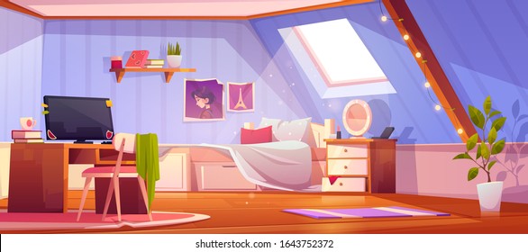 Girl bedroom interior on attic. Vector cartoon mansard teenager room with unmade bed, workspace for study with desk and computer, books and pictures on wall