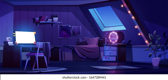 Girl bedroom interior on attic at night. Vector cartoon mansard teenager room with unmade bed, glowing computer screen, moonlight from window in roof and lamps