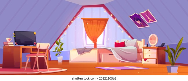 Girl bedroom interior on attic. Teen mansard room