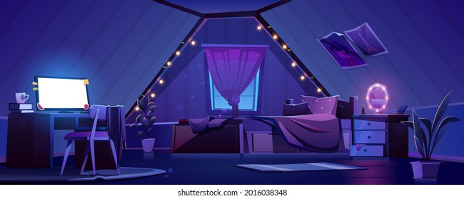 Girl bedroom interior on attic at night