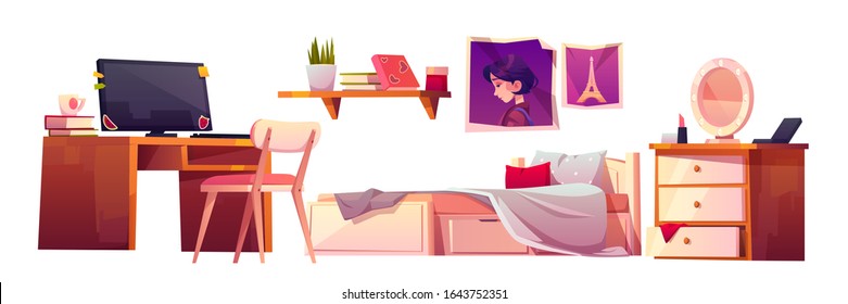 Girl bedroom interior set isolated on white background. Vector cartoon furniture for teenager room, unmade bed, workspace for study with desk and computer, bookshelf, pictures and nightstand