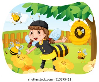 Girl in bee costume playing in the park illustration