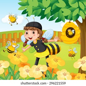 Fille en costume d'abeille debout dans un jardin rempli d'abeilles et de fleurs avec une ruche sur un arbre	