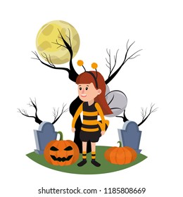 girl with bee costume and trees branches