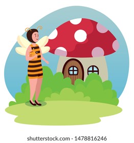 girl bee fairy with fungus house and bushes
