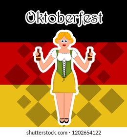 Girl with beer bottles on a flag of Germany. Oktoberfest. Vector illustration design