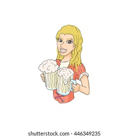 Girl with beer icon in cartoon style isolated on white background