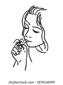 Girl with a beetle on her hand. Girl holding a beetle. A beetle with long antennas. Black linear outline on white background