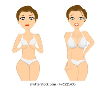 girl before and after breast augmentation on white background
