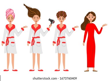 Girl before and after cosmetic procedures. Cartoon style. Vector illustration
