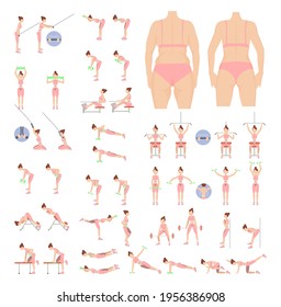 The girl before and after. Fat-burning workout. Back exercises. Training with inventory. Girl  exercises. Toned body. Woman's back before and after weight loss. Vector illustration.