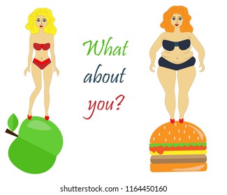 Girl before and after losing weight, a healthy lifestyle, proper nutrition. Vector illustration, eps 8