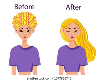 Girl before and after styling hair on curlers. Cartoon style. Vector illustration