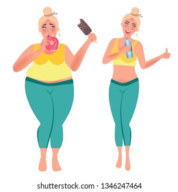 Girl before diet and after. The concept of weight loss, healthy eating and exercise. Vector graphics are lean and overweight people