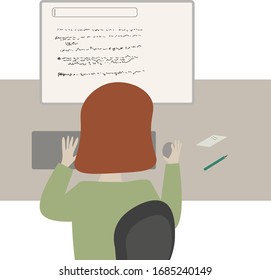 girl behind a computer back. work from home, distant work, freelance. tutor, cmm, marketer. woman on maternity leave. quarantine. coronavirus epidemic. stay home. flat illustration, vector eps 10