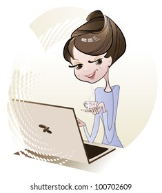 The girl behind the laptop holding a cup of coffee
