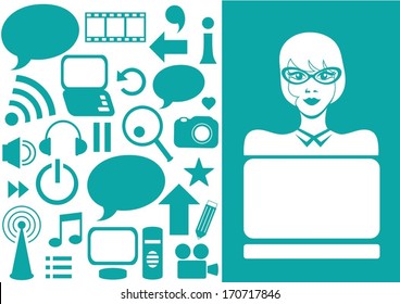 girl behind laptop on blue background with internet elements