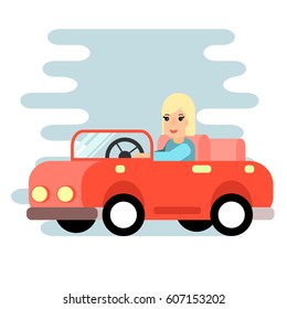 The girl behind the wheel. Flat design. A red convertible. Stock vector.