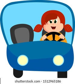 Girl behind the wheel, illustration, vector on white background.