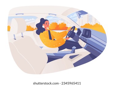 Girl behind wheel. Young woman driving to work. View of interior of car from inside. Dashboard and steering wheel, from windows of car can see landscape with skyscrapers. Flat cartoon illustration.