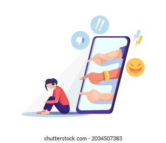 Girl being bullied online. Depressed woman sitting on the floor, Cyber bullying concept. Vector illustration in a flat style