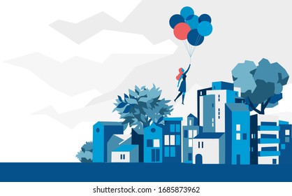 A girl being carried away by balloons over the city - Vector illustration