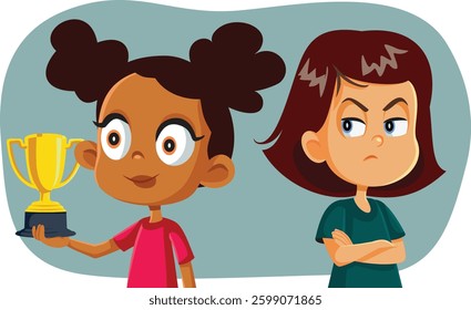 
Girl Being Envious of Her Friend Winning a Trophy Vector Illustration. Competitive child jealous of her friend that has more success than her 